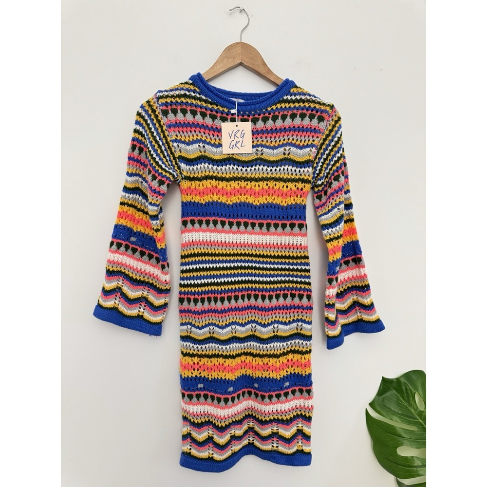 Verge Girl Crochet Rainbow Dress‎ COLORFUL long sleeve Knit EUC size 6